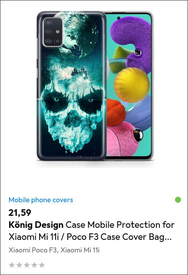 Screenshot of a product in the online shop 'galaxus'. The product name is 'König Design Case Mobile Protection for Xiaomi Mi 11i / Poco F3 Case Cover Bag...'. The Preview shows a phone from it's front and back. The whole backside (except camera) shows the discussed background: It consists of two halfs. The bottom half contains a grim looking skull which bears resembly to an ice berg. Meanwhile, the top half shows the earth